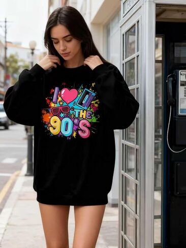 سويت شيرت نسائي كبير الحجم 90s قميص الزي 90s أنا أحب 90S تي شيرت للفتيات حفلة عيد ميلاد بأكمام طويلة in Saudi Arabia