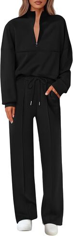 Lazysmile 2 Piece Sets For Women Lapel Half Zip Sweatshirt and Wide Leg Long Pants Sweatsuit Lounge Sets Workout Sets in Saudi Arabia