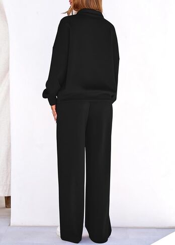 Lazysmile 2 Piece Sets For Women Lapel Half Zip Sweatshirt and Wide Leg Long Pants Sweatsuit Lounge Sets Workout Sets in Saudi Arabia