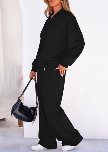 Lazysmile 2 Piece Sets For Women Lapel Half Zip Sweatshirt and Wide Leg Long Pants Sweatsuit Lounge Sets Workout Sets in Saudi Arabia