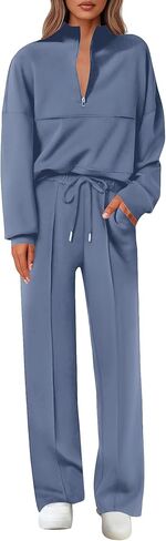 Lazysmile 2 Piece Sets For Women Lapel Half Zip Sweatshirt and Wide Leg Long Pants Sweatsuit Lounge Sets Workout Sets in Saudi Arabia