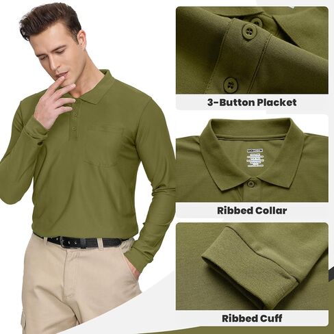 MOHEEN رجالية عادية جولف قمصان بولو في الهواء الطلق سريعة الجافة كم طويل بلايز الرطوبة فتل الأداء قميص بولو مع جيب in Kuwait