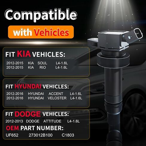 Ignition Coil UF652 Spark Plugs: fits Hyundai Veloster Kia Rio Accent Soul 2012-2019 1.6L L4 coil pack and spark plug Enhance Engine Performance for Long Trips (Ignition Coil Spark Plugs) in Kuwait