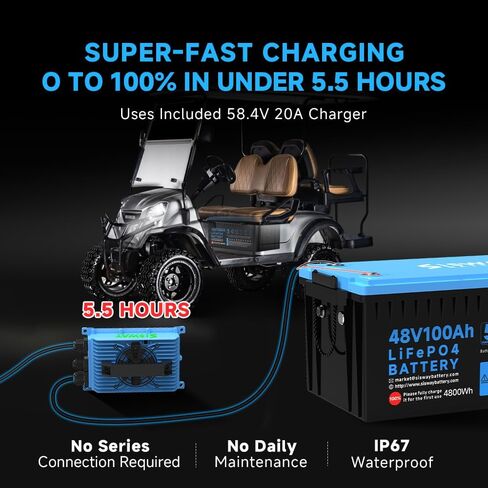 بطارية عربة الجولف SISWAY 48 فولت 100 أمبير LiFePO4 مع شاحن 48 فولت 20 أمبير، طاقة ذروة 10.24 كيلو وات، أكثر من 4000 دورة، بطارية مع صينية حمض الرصاص مدمجة ذكية 200 أمبير BMS، شاشة لمس وتطبيق متوافق مع عربة الجولف. in Saudi Arabia