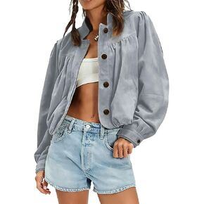 سترة طيار قصيرة من الجلد السويدي للسيدات - أكمام طويلة منتفخة وأزرار وياقة واقفة - معطف كاجوال كبير الحجم للربيع والخريف بنمط موتو ريترو in Kuwait