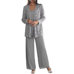 3 Pieces Chiffon Mother of The Bride Pant Suits for Wedding Sequin Grandmother of The Bride Pant Suits with Jacket in Saudi Arabia