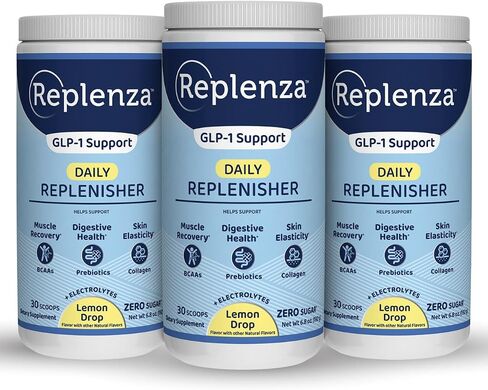 Replenza Daily Replenisher GLP-1 Nutritional Support, Powder, Muscle Recovery, Digestive Health & Skin Elasticity Mix of Amino Acids, Prebiotics and Collagen Peptides – Unflavored, 3 Pack in Saudi Arabia