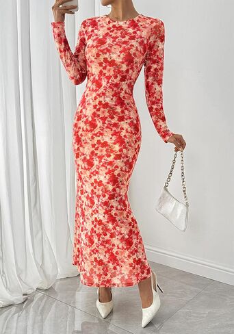 BTFBM حفل زفاف الضيف للنساء Fall Fashion 2025 Bodycon Long Sleeve Boho Mesh Party Cocktail Floral Maxi Dress in Saudi Arabia