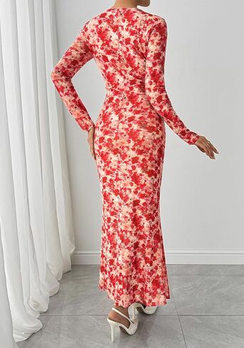 BTFBM حفل زفاف الضيف للنساء Fall Fashion 2025 Bodycon Long Sleeve Boho Mesh Party Cocktail Floral Maxi Dress in Saudi Arabia