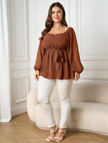 بلوزة نسائية SCOMCHIC بمقاس كبير من Peplum بأكمام طويلة ورقبة مربعة وبلوزة بحاشية مكشكشة وربطة خصر بيبي دول in Saudi Arabia