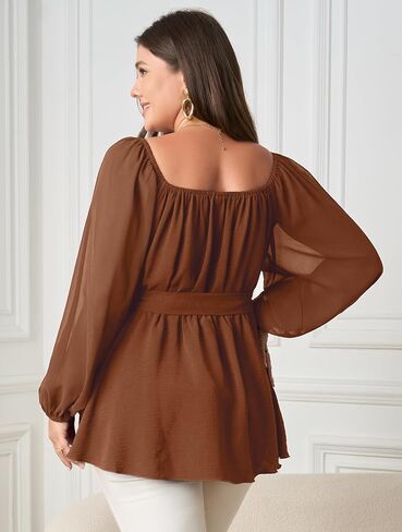 بلوزة نسائية SCOMCHIC بمقاس كبير من Peplum بأكمام طويلة ورقبة مربعة وبلوزة بحاشية مكشكشة وربطة خصر بيبي دول in Saudi Arabia