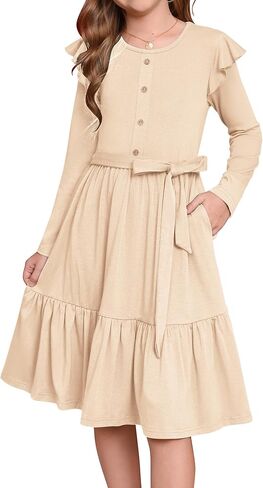 GRACE KARIN Girls Fall Long Sleeve Dress for Girl Rullfe Button Casual Flowy Tiered Dresses with Pocket 6-14Years in Saudi Arabia