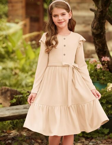 GRACE KARIN Girls Fall Long Sleeve Dress for Girl Rullfe Button Casual Flowy Tiered Dresses with Pocket 6-14Years in Saudi Arabia
