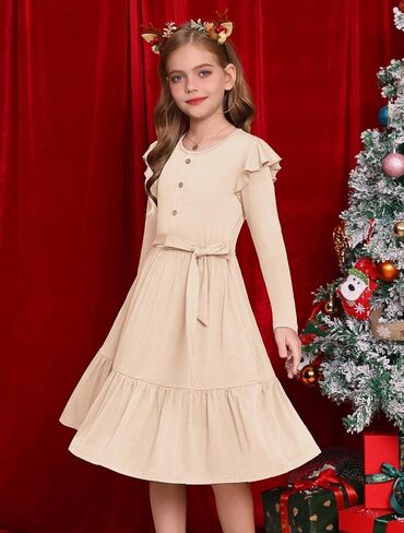 GRACE KARIN Girls Fall Long Sleeve Dress for Girl Rullfe Button Casual Flowy Tiered Dresses with Pocket 6-14Years in Saudi Arabia