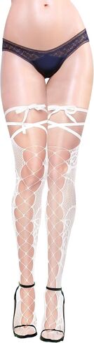 Violet Mist Sexy Black Fishnet Thigh High Stockings with Ties Women Hollow Out Sheer Pantyhose Gothic Lolita Lingerie Tights Stay Up Nylon Over Knee High Socks Hosiery in Kuwait