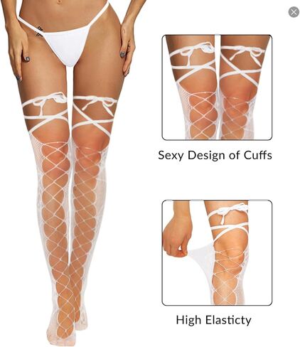 Violet Mist Sexy Black Fishnet Thigh High Stockings with Ties Women Hollow Out Sheer Pantyhose Gothic Lolita Lingerie Tights Stay Up Nylon Over Knee High Socks Hosiery in Kuwait