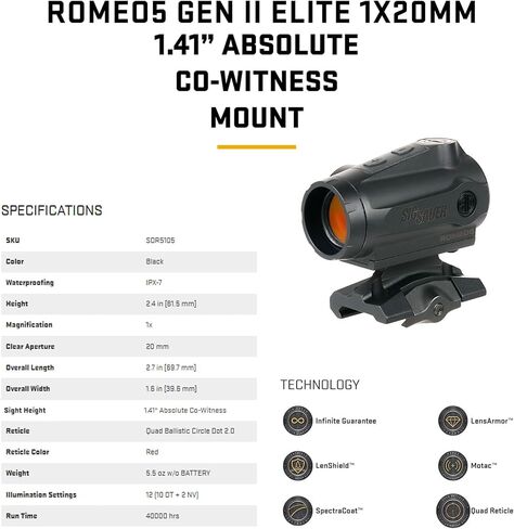 SIG SAUER ROMEO5 GEN II Elite 1x20mm منظر نقطة حمراء مع شبكاني ذو دائرة باليستية رباعية | MOTAC، مقاومة للماء IPX-7، عدسة متعددة الطبقات، 12 إعدادًا للإضاءة in Saudi Arabia