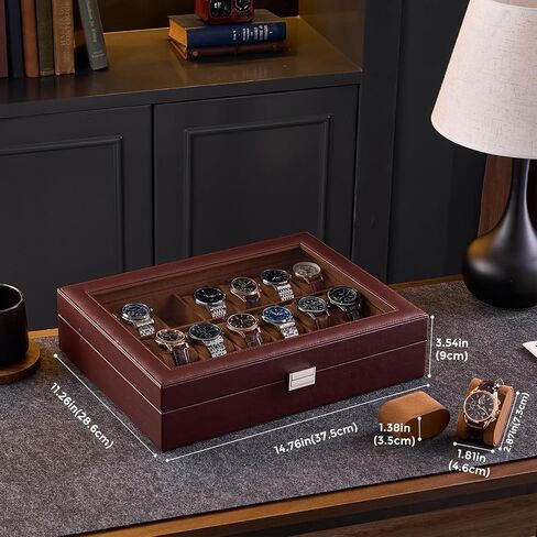 Procase Watch Case for Men ، 14 Slot Mens Watch Box Holder Organizer with Glass Lid ، Watches Display Display Higrids Christmas for Men Women -14 Slot ، Black in Kuwait