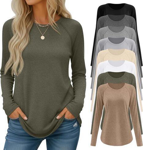 8 Pack Women's Long Sleeve Shirts, Raglan Crew Neck Tops Tunic Cotton Loose Fit Casual Basic Tee Shirt in Kuwait