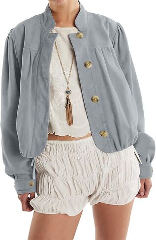 سترة طيار قصيرة من الجلد السويدي للسيدات - أكمام طويلة منتفخة وأزرار وياقة واقفة - معطف كاجوال كبير الحجم للربيع والخريف بنمط موتو ريترو in Kuwait