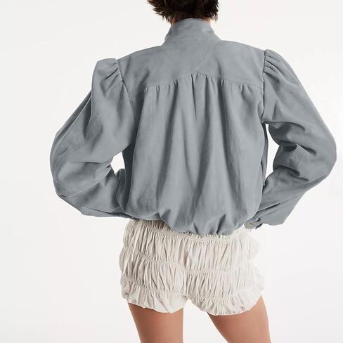 سترة طيار قصيرة من الجلد السويدي للسيدات - أكمام طويلة منتفخة وأزرار وياقة واقفة - معطف كاجوال كبير الحجم للربيع والخريف بنمط موتو ريترو in Kuwait