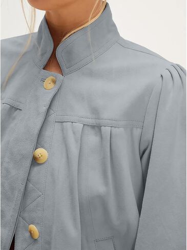 سترة طيار قصيرة من الجلد السويدي للسيدات - أكمام طويلة منتفخة وأزرار وياقة واقفة - معطف كاجوال كبير الحجم للربيع والخريف بنمط موتو ريترو in Kuwait