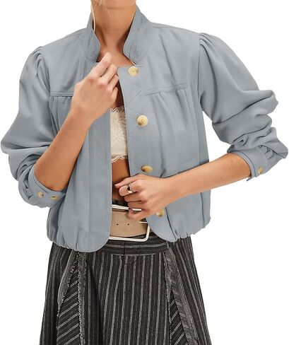 سترة طيار قصيرة من الجلد السويدي للسيدات - أكمام طويلة منتفخة وأزرار وياقة واقفة - معطف كاجوال كبير الحجم للربيع والخريف بنمط موتو ريترو in Kuwait