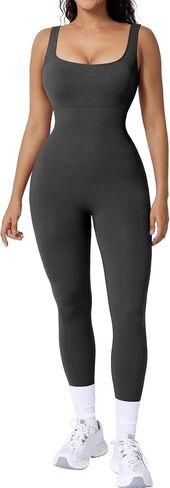 Popilush Grey Jumpsuits for Women Built-In Bra Square Neck Ribbed Bodycon Workout Seamless Leggings Rompers Bodysuits in Saudi Arabia