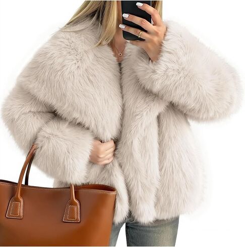 Kissonic Women Faux Fur Coat Long Sleeve Lapel Open Front Shaggy Furry Jacket Warm Fluffy Short Outwear in Saudi Arabia