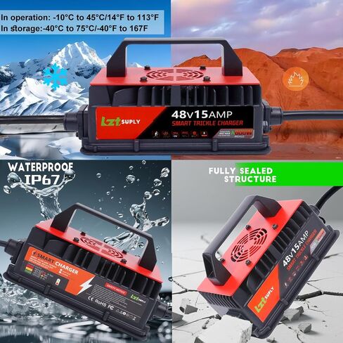 48V 15AMP GOLF CART BATTERCHARCH FOR CLUB CAR ، شاحن مغلق بالكامل مع لوحة تغطية IP67 شواحن ذكية مقاومة للماء لبطاريات 48 فولت في المقدمة (قابس مستدير من 3 أسنان) in Saudi Arabia