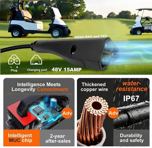 48V 15AMP GOLF CART BATTERCHARCH FOR CLUB CAR ، شاحن مغلق بالكامل مع لوحة تغطية IP67 شواحن ذكية مقاومة للماء لبطاريات 48 فولت في المقدمة (قابس مستدير من 3 أسنان) in Saudi Arabia