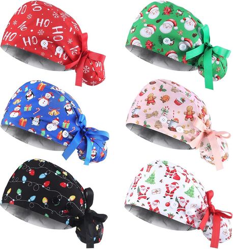 Croknit 6 Pcs Scrub Caps Satin Lined Scrub Caps Women Nurse Surgical Hat with Sweatband Buttons Adjustable Pouch Tie Back in Kuwait