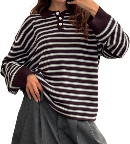 Women Rugby Polo Shirts Oversized Long Sleeve Collared Striped Sweatshirt Y2k Preppy Pullover Tops in Saudi Arabia