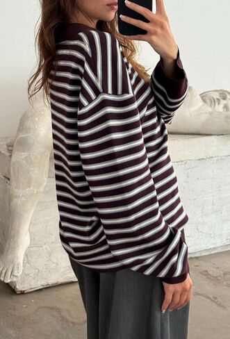 Women Rugby Polo Shirts Oversized Long Sleeve Collared Striped Sweatshirt Y2k Preppy Pullover Tops in Saudi Arabia