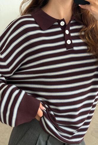 Women Rugby Polo Shirts Oversized Long Sleeve Collared Striped Sweatshirt Y2k Preppy Pullover Tops in Saudi Arabia