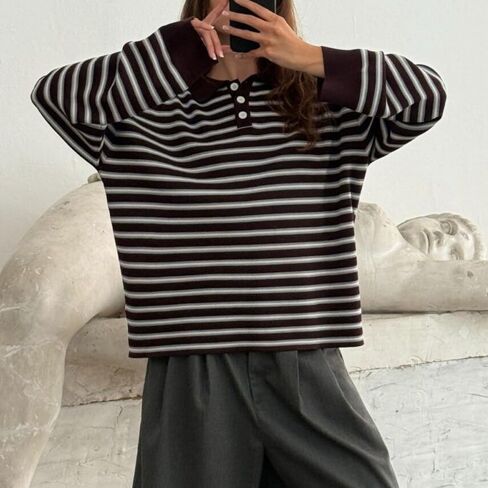 Women Rugby Polo Shirts Oversized Long Sleeve Collared Striped Sweatshirt Y2k Preppy Pullover Tops in Saudi Arabia