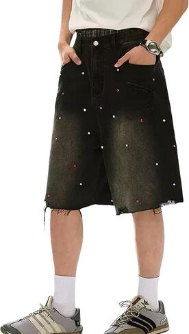 Fcoolyeet Men Jean شورت Y2K Rhinestone Denim Bermuda Shorts Long Baggy Jorts Streetwear Women in Kuwait