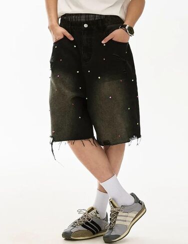 Fcoolyeet Men Jean شورت Y2K Rhinestone Denim Bermuda Shorts Long Baggy Jorts Streetwear Women in Kuwait