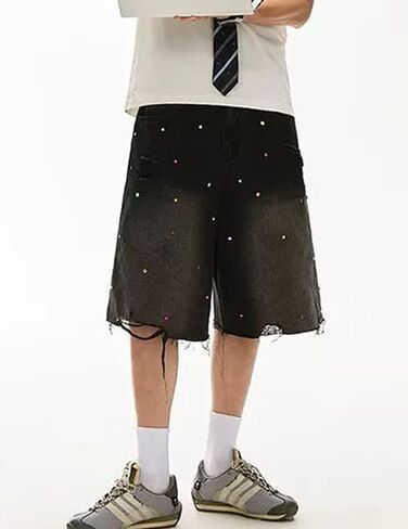 Fcoolyeet Men Jean شورت Y2K Rhinestone Denim Bermuda Shorts Long Baggy Jorts Streetwear Women in Kuwait