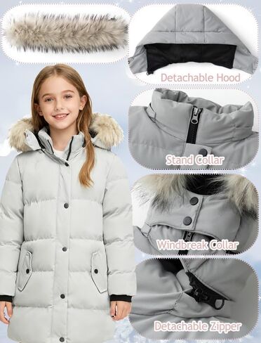 KVE Girl's Winter Thicken Puffer Long Coat Warm Jacket with Fur Removable Hood in Saudi Arabia