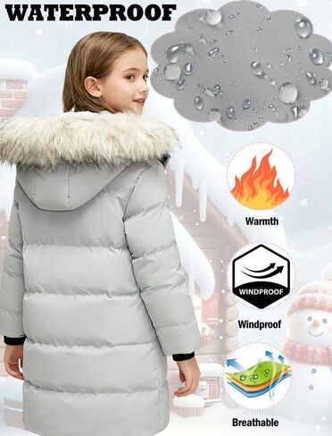 KVE Girl's Winter Thicken Puffer Long Coat Warm Jacket with Fur Removable Hood in Saudi Arabia