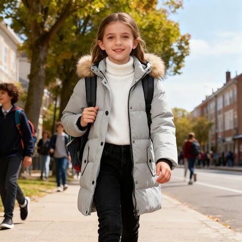 KVE Girl's Winter Thicken Puffer Long Coat Warm Jacket with Fur Removable Hood in Saudi Arabia