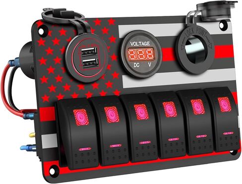 iztoss 6 عصابة التبديل لوحة التبديل الروك للماء الألومنيوم العلم الأمريكي تصميم لوحة Swtich البحرية مع شاحن USB مزدوج، الفولتميتر الرقمي، مقبس الطاقة لقارب سيارة RV in Kuwait