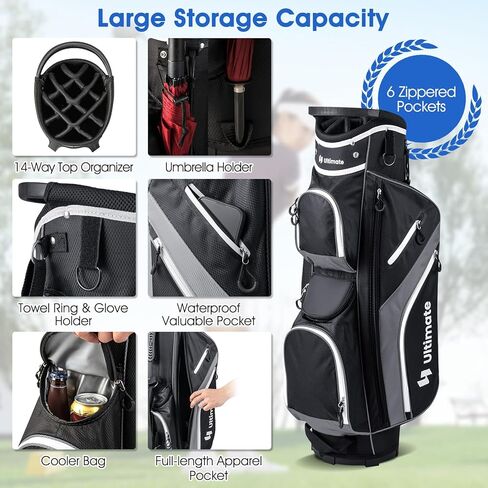 ULTIMATE 14-Way Golf Stand Bag, Portable Golf Bag w/ 6 Pockets,Cooler Bag & Waterproof Valuable Pocket, Rain Hood, Ergonomic Dual Strap System & Carrying Handles, 5 LBS Lightweight for Adults in Kuwait