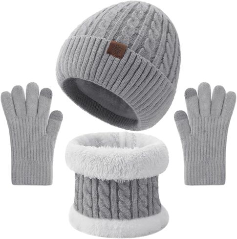 Tavaleu Kids Winter Beanie Hat Scarf Touchscreen Gloves Set for Boys Girls 8-15 Years Warm Skull Cap Fleece Lined Knitted Hat Dark Black in Kuwait