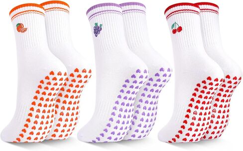 Jspupifip 3 Pairs Fruit Pilates Socks with Grips for Women, Non Slip Cotton Crew Athletic Socks for Barre Workout Hospital in Saudi Arabia