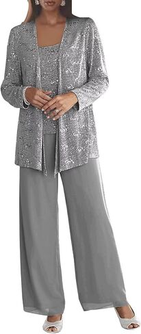 3 Pieces Chiffon Mother of The Bride Pant Suits for Wedding Sequin Grandmother of The Bride Pant Suits with Jacket in Saudi Arabia
