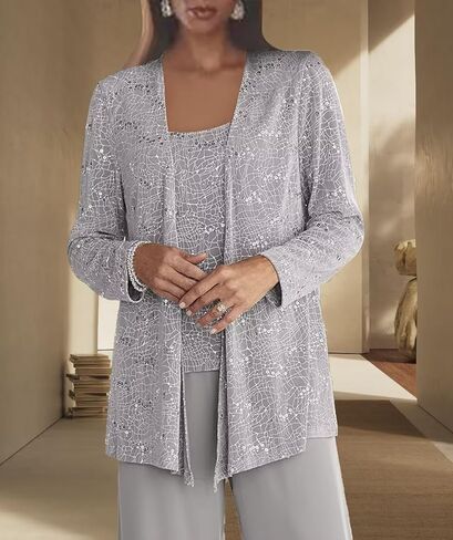 3 Pieces Chiffon Mother of The Bride Pant Suits for Wedding Sequin Grandmother of The Bride Pant Suits with Jacket in Saudi Arabia