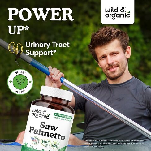 Wild & Organic Saw Palmetto Capsules 500 mg - Urinary Tract Support for Men & Women - Pure Saw Palmetto Powder Supplement - Serenoa Repens Berries - 60 Days of Supply - Vegan, Non-GMO - 60 Count in Saudi Arabia