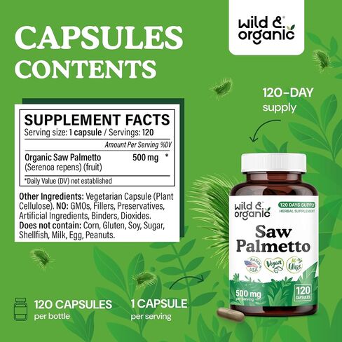 Wild & Organic Saw Palmetto Capsules 500 mg - Urinary Tract Support for Men & Women - Pure Saw Palmetto Powder Supplement - Serenoa Repens Berries - 60 Days of Supply - Vegan, Non-GMO - 60 Count in Saudi Arabia